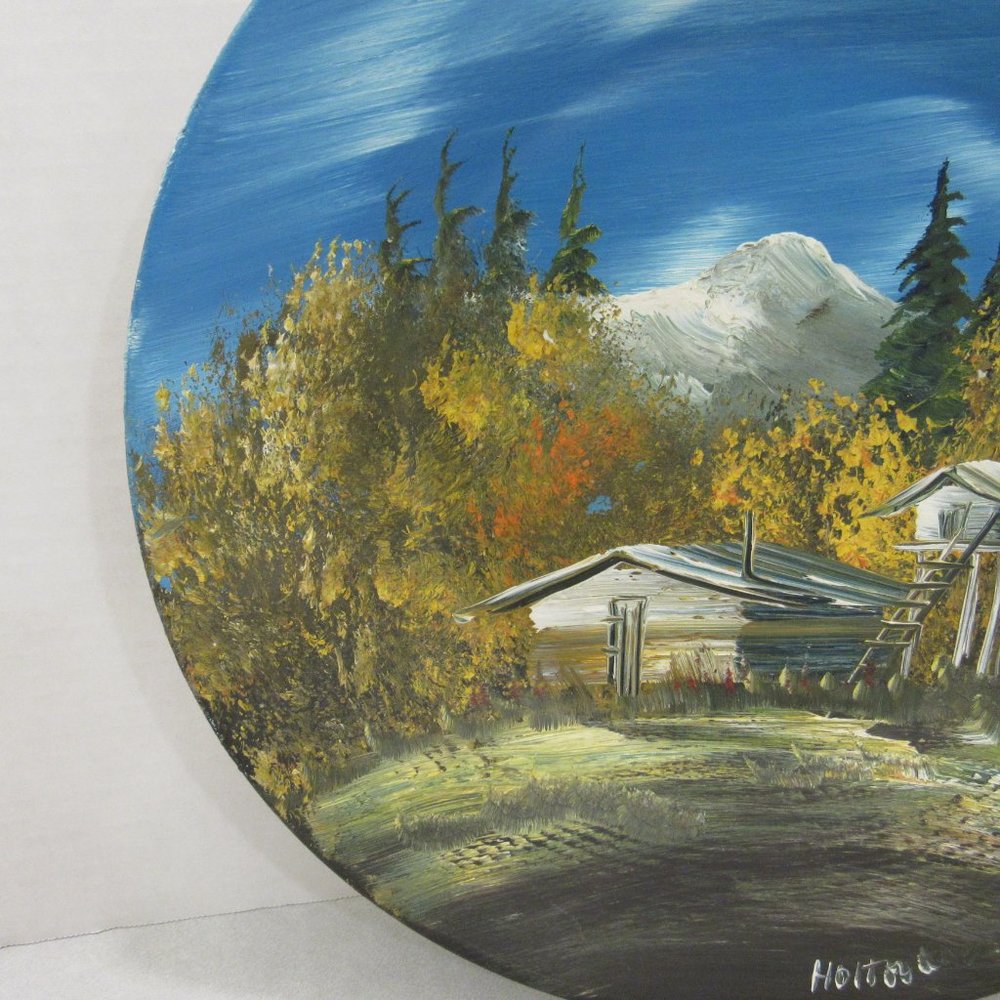 Hand Painted Metal Bowl Mountain Autumn Tree Cabin - Picture 2 of 8